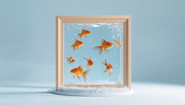 Goldfish swimming in a square glass water tank, minimalist surreal illustration