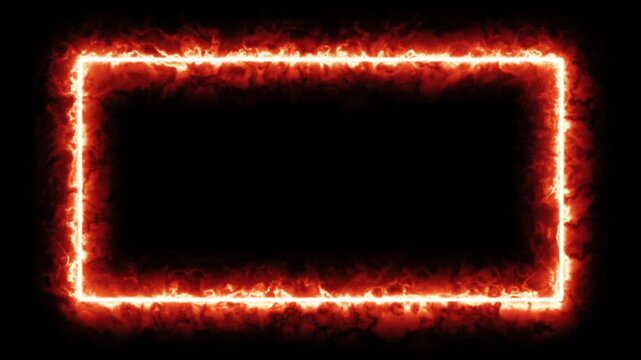 Abstract fire neon rectangle frame animation in slow motion with heavy smoke haze, fierce orange geometric burning border line isolated on black 4K
