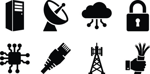 Fototapeta premium Network telecommunication and cloud data hosting icon set representing digital infrastructure connectivity and technology communication symbols
