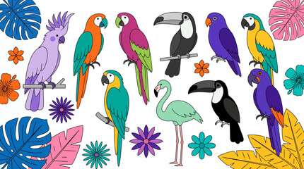 Fototapeta premium Vibrant cartoon collection of tropical birds, including parrots, toucans and a flamingo, with exotic leaves and flowers, Symbolizing summer vacation themes and illustrating nature educational content