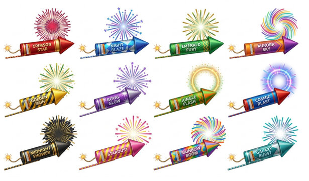 Premium Firework Rocket Collection with Vibrant Explosive Light Effects Vector Illustration