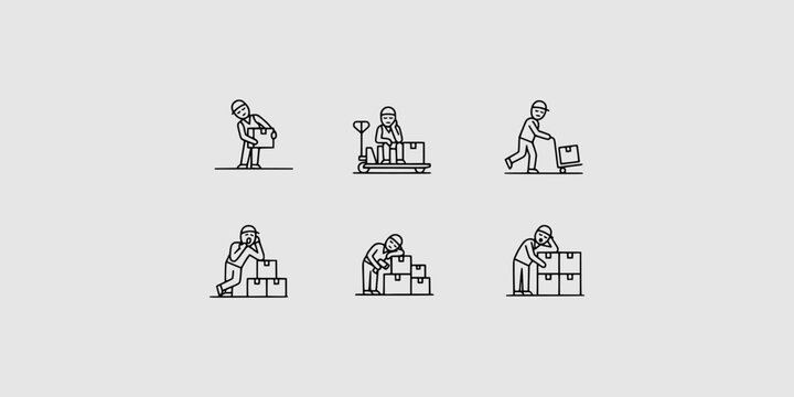 Icon set collection of tired warehouse workers lifting boxes and moving cargo, depicting workplace fatigue and logistics industry burnout.