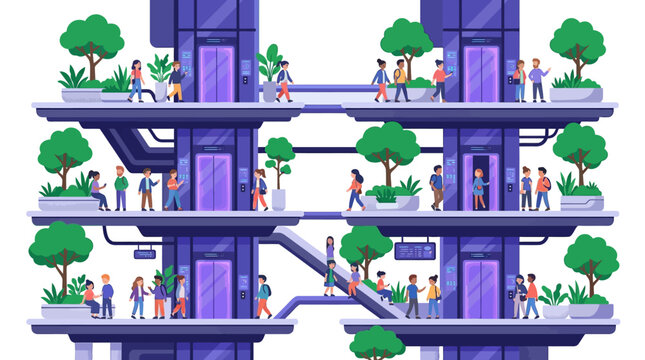 Futuristic Sustainable Office Interior with Elevators and Biophilic Design