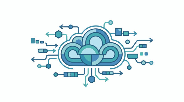 Abstract blue cloud with technological network connections and data flow arrows