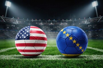 Naklejka premium USA and blue national flag themed soccer balls on a lit stadium pitch at night