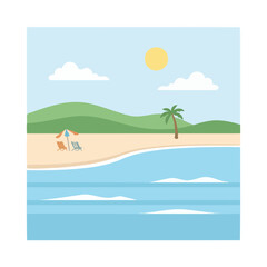 Obraz premium A sunny tropical beach with chairs and a palm tree