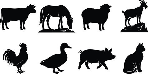 Fototapeta premium PrintBlack farm animal silhouette collection featuring cow, horse, sheep, goat, pig, rooster, duck, and cat designs