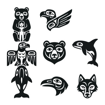 Black tribal animal icons on a white background