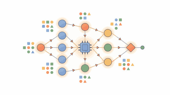 Abstract diagram of a central processing unit with connected nodes and data shapes