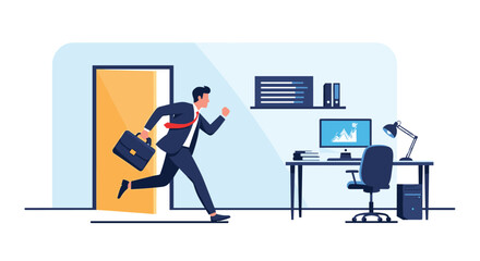 Fototapeta premium Motivated businessman running out of his office with a briefcase towards the exit symbolizing the end of a workday.
