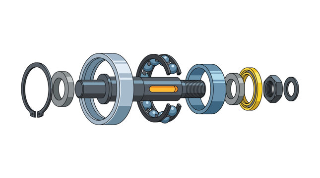Exploded view vector illustration of mechanical axle assembly with bearings and rings. EPS Editable. Vector Illustrations.