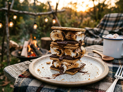A towering stack of gooey s'mores with melted chocolate and toasted marshmallows, enjoyed by a cozy campfire at sunset.