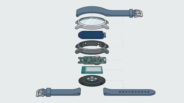 Exploded view vector illustration of smartwatch internal components. EPS Editable. Vector Illustrations.