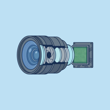 A technical cross section of a camera lens and digital sensor
