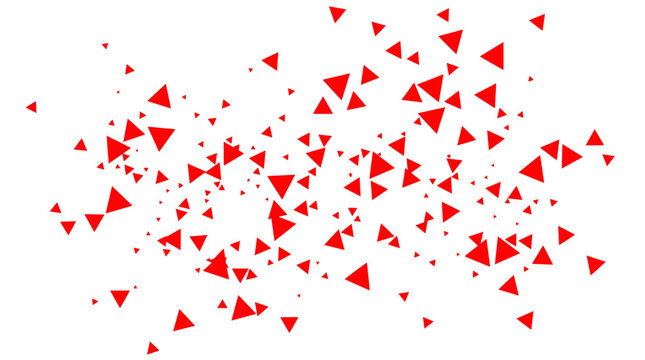 Numerous red triangles of varying sizes scattered across a clean white background, Symbolizing dynamic movement and celebratory festivity