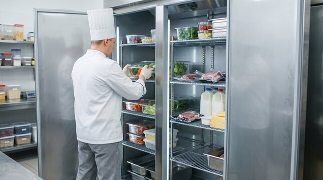 Chef carefully arranging fresh vegetables, meats, and dairy inside large commercial refrigerator, spotless professional kitchen, organized storage, food safety concept