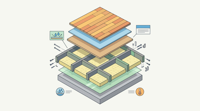 Isometric cross section diagram of a multi layer wooden floor construction system. EPS Editable. Vector Illustrations.