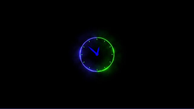 Clock icon animation glowing neon color watch dial circle deadline timer wall clock round retro sign symbol on black background. video