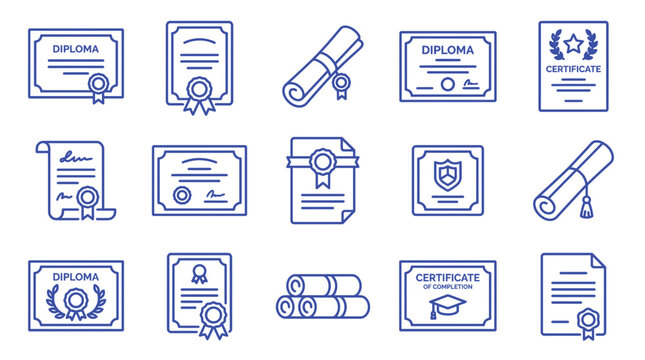 Vector collection of academic diploma and certificate outline icons with seals, ribbons and scrolls, Symbolizing academic achievement and professional recognition