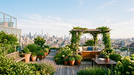 Obraz premium Rooftop garden terrace with pergola overlooking city skyline