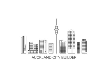 Obraz premium Auckland city skyline buildings assets. New Zealand icons city construction kit with landmarks, skyscrapers shapes. Line art graphics collection, vector cliparts