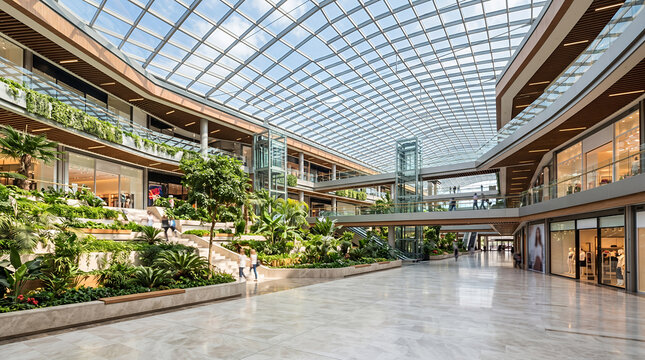 Modern shopping mall atrium with glass roof and plants