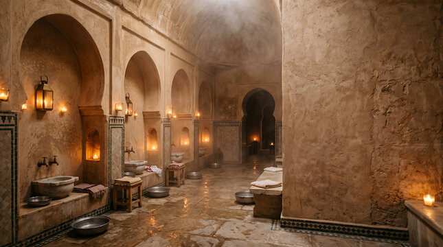 Moroccan hammam interior with arched alcoves and candlelight