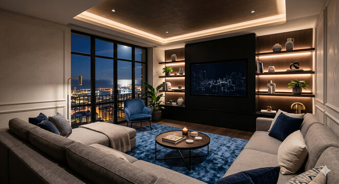 Luxury penthouse living room at night with city skyline view