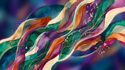 Obraz premium Abstract Fluid Wave Background with Vibrant Colorful Watercolor Textures and Gold Accents