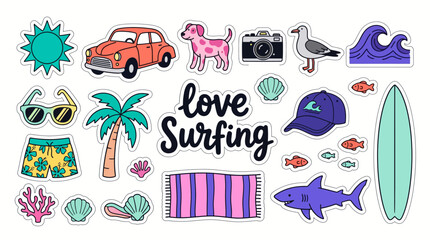 Fototapeta premium A vibrant collection of cartoon stickers featuring surfing, beach and travel elements, illustrating summer vacation memories or creative digital design projects