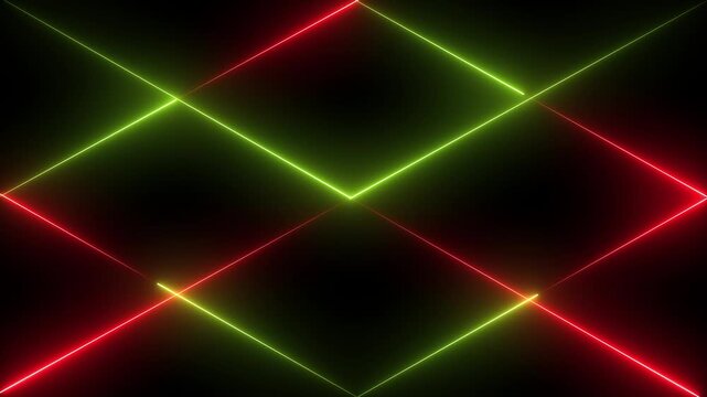 Three horizontal glowing neon light lines are arranged vertically against a solid black background with the and bottom lines in bright blue and the middle line in vibrant red 4k video