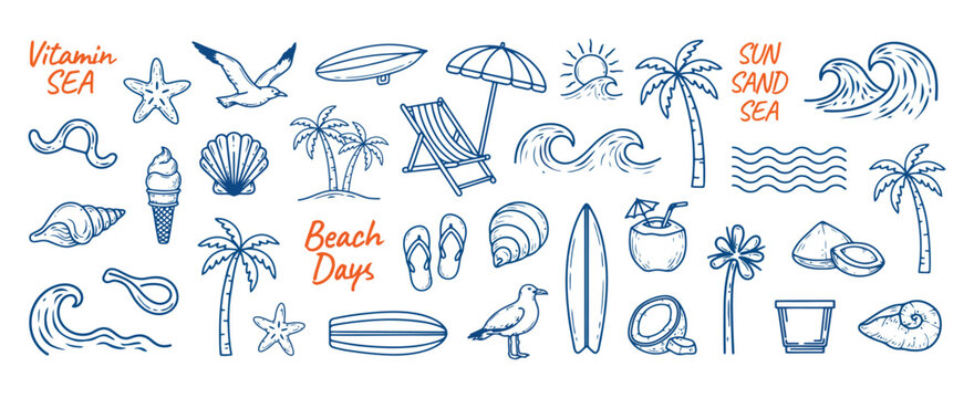 Beach Themed Vector with Summer Doodles, Waves, Palm Trees, Shells, Crabs, Sunglasses, and Surfboards for Tropical Vacation Designs