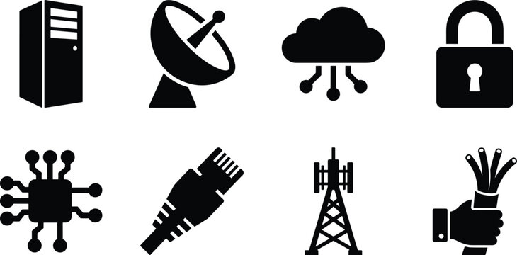 Telecommunications and Network Technology Icon Set with Server Satellite Dish Cloud and Fiber Optic Symbols