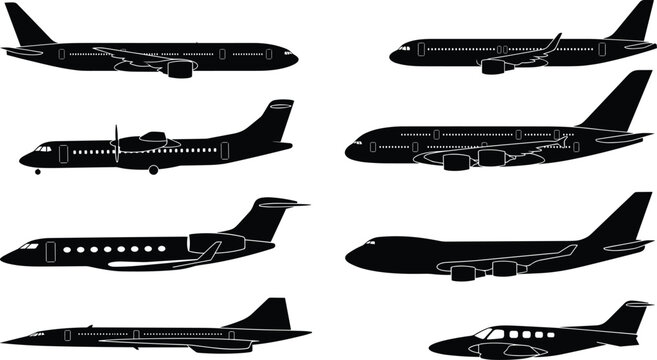 PrintCommercial Airplane Silhouette Collection Set with Passenger and Cargo Aircraft Profiles