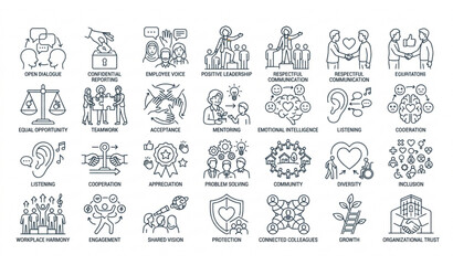 Obraz premium Corporate business values and human resources line icons set with diversity, teamwork, positive leadership, and inclusion concepts vector