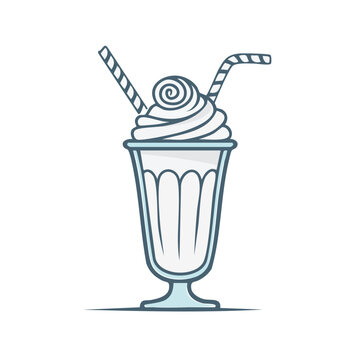 Flat illustration of a milkshake glass with whipped cream and straw