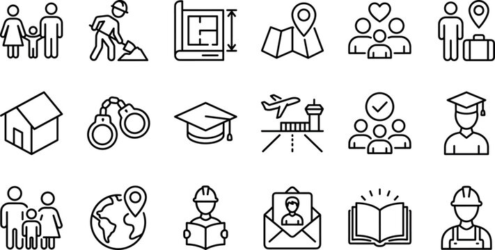 Global immigration legal visa and relocation line icon set vector illustration featuring family move construction study and citizenship elements