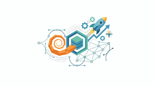 Abstract illustration of data processing with a rocket launch and network visualization