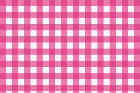 Pink gingham fabric texture. Plaid cloth background with white checkered pattern. Vintage tablecloth design for picnic, textile, and retro paper craft decoration.