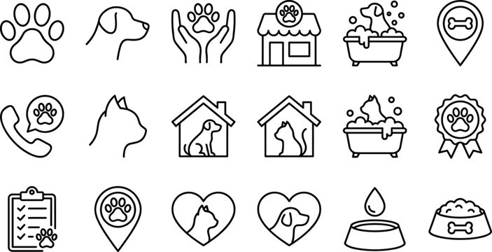 Pet care and veterinary line icon set vector illustration featuring dog cat bath shop shelter and food bowl symbols