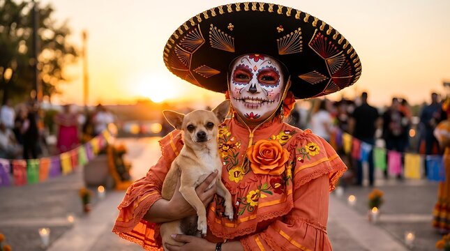 Woman in Traditional Costume Holding Chihuahua at Sunset Outdoor Gathering
