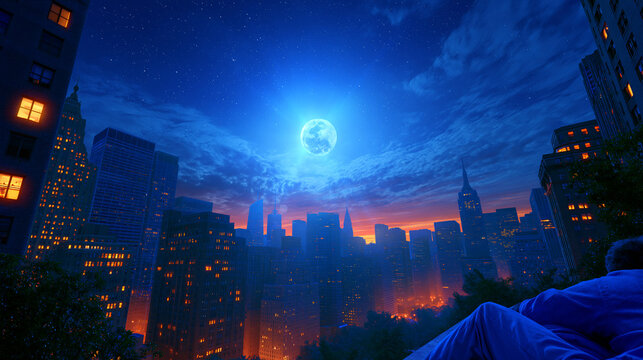 Full moon night cityscape with glowing city lights and starry dark blue sky, cityscape