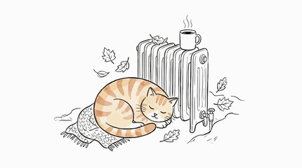 A cat sleeps curled up beside a warm radiator with a cup of coffee on top surrounded by falling leaves on a blanket. © Avra