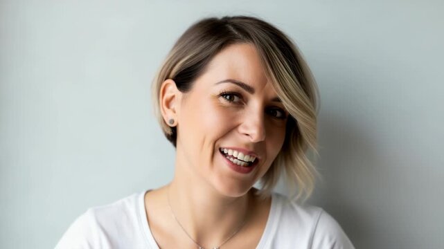 Portrait of a smiling woman with a modern short bob haircut looking away against a soft grey background