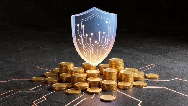Cyber security shield over coin stack