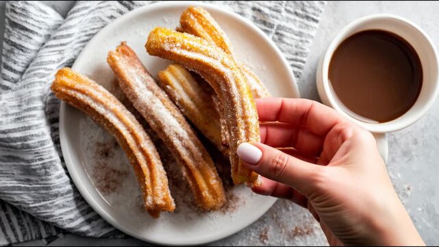 Woman's hand picking up a fresh churro from a plate with hot chocolate on the side