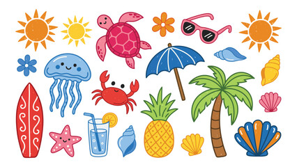 Summer Beach Cartoon Elements Featuring Turtle, Jellyfish, Crab, Palm Tree, Pineapple, Surfboard, Sunglasses, Umbrella, Seashells, Starfish, and Sun ©  