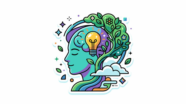 Abstract human head with lightbulb tree and clouds