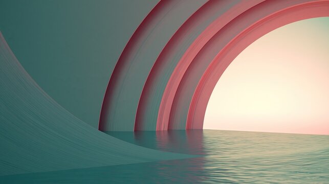 Surreal abstract 3d landscape with parallel pink curved arches over calm teal water opening to soft warm gradient sky for modern minimalist contemporary art