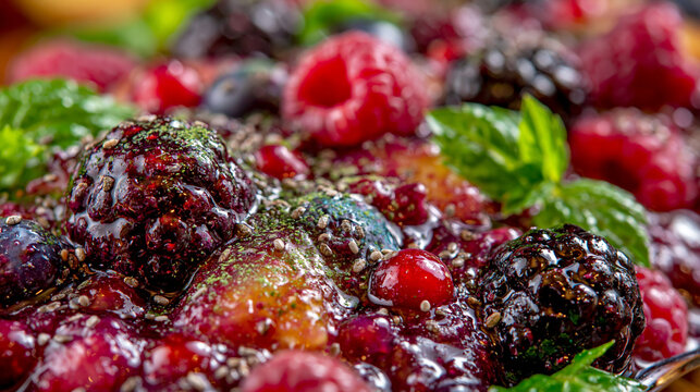 Fresh mixed forest berries closeup with mint leaves and syrup raspberry blackberry